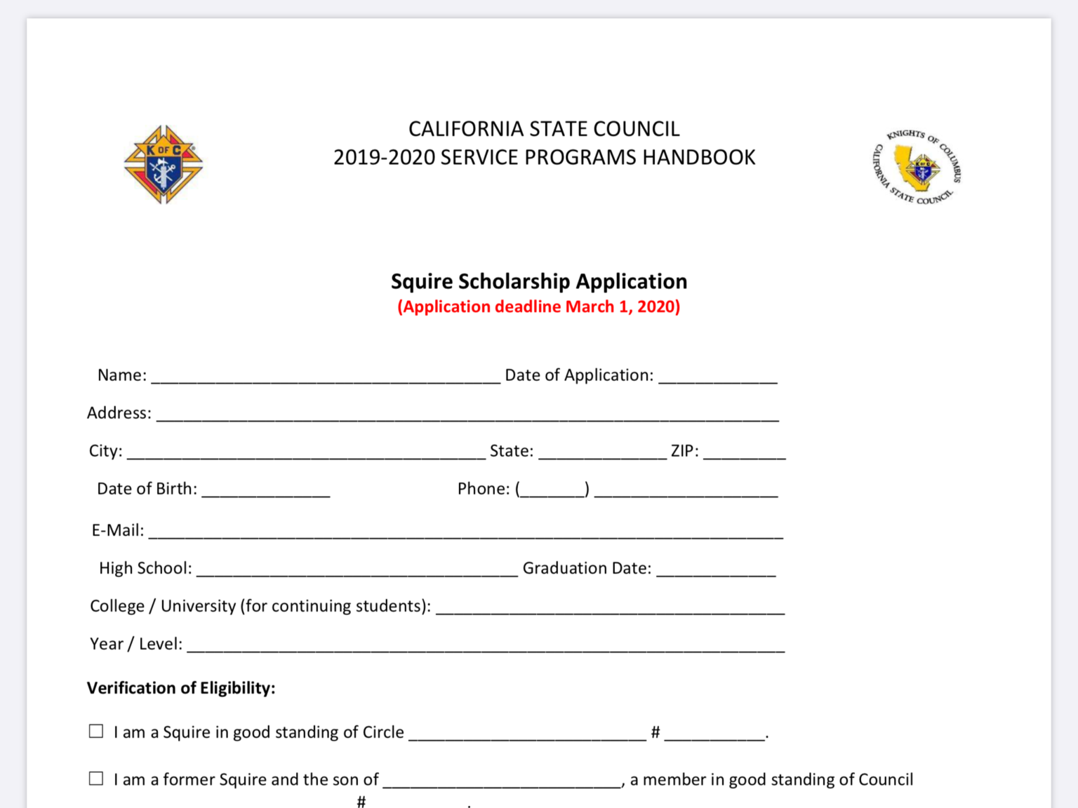 Squire Scholarship Application Knights of Columbus California State